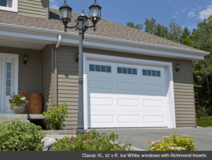 Classic XL Garaga garage door in Ice White with Richmond Window Inserts