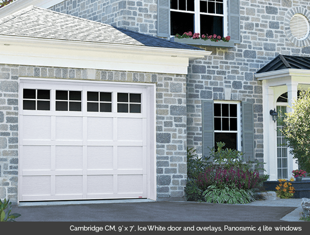 Cambridge CM Ice White Garaga garage door with Ice White overlays and Panoramic 4 lite windows