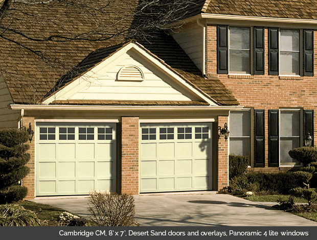 Cambridge CM Desert Sand Garaga garage door with Desert Sand overlays and Panoramic 4 lite windows