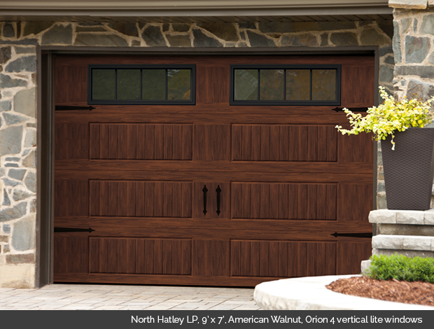 North Hatley LP Garaga garage door in American Walnut with Orion 4 lite windows