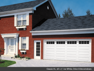 Classic XL Garaga garage door in Ice White with Orion 8 lite windows
