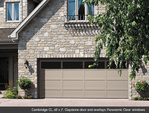 Cambridge CL Garaga garage door in Claystone with Claystone overlays and Panoramic Clear windows