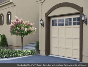 Cambridge CM Desert Sand Garaga garage door with Desert Sand overlays and Panoramic 4 lite windows