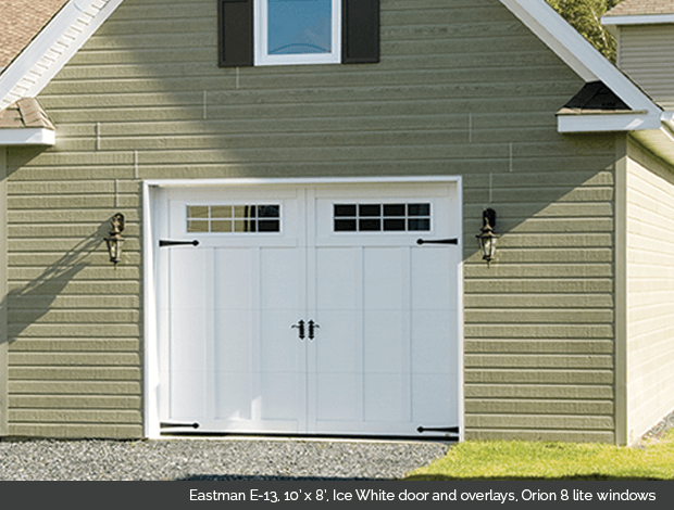 Eastman E-13 Ice White Garaga garage doors with Ice White overlays and Orion 8 lite windows