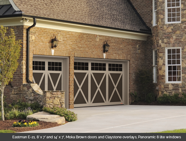 Eastman E 21 Garaga garage door in Moka Brown with Claystone Overlays and Panoramic 8 lite windows