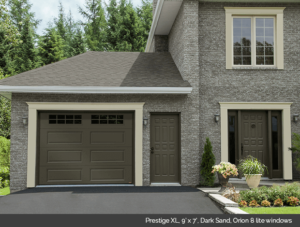 Prestige XL Garaga garage door in Dark Sand with Orion 8 lite windows